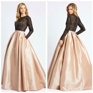 NWOT Mac Duggal Long Sleeve Beaded Evening Gown Illusion Neckline